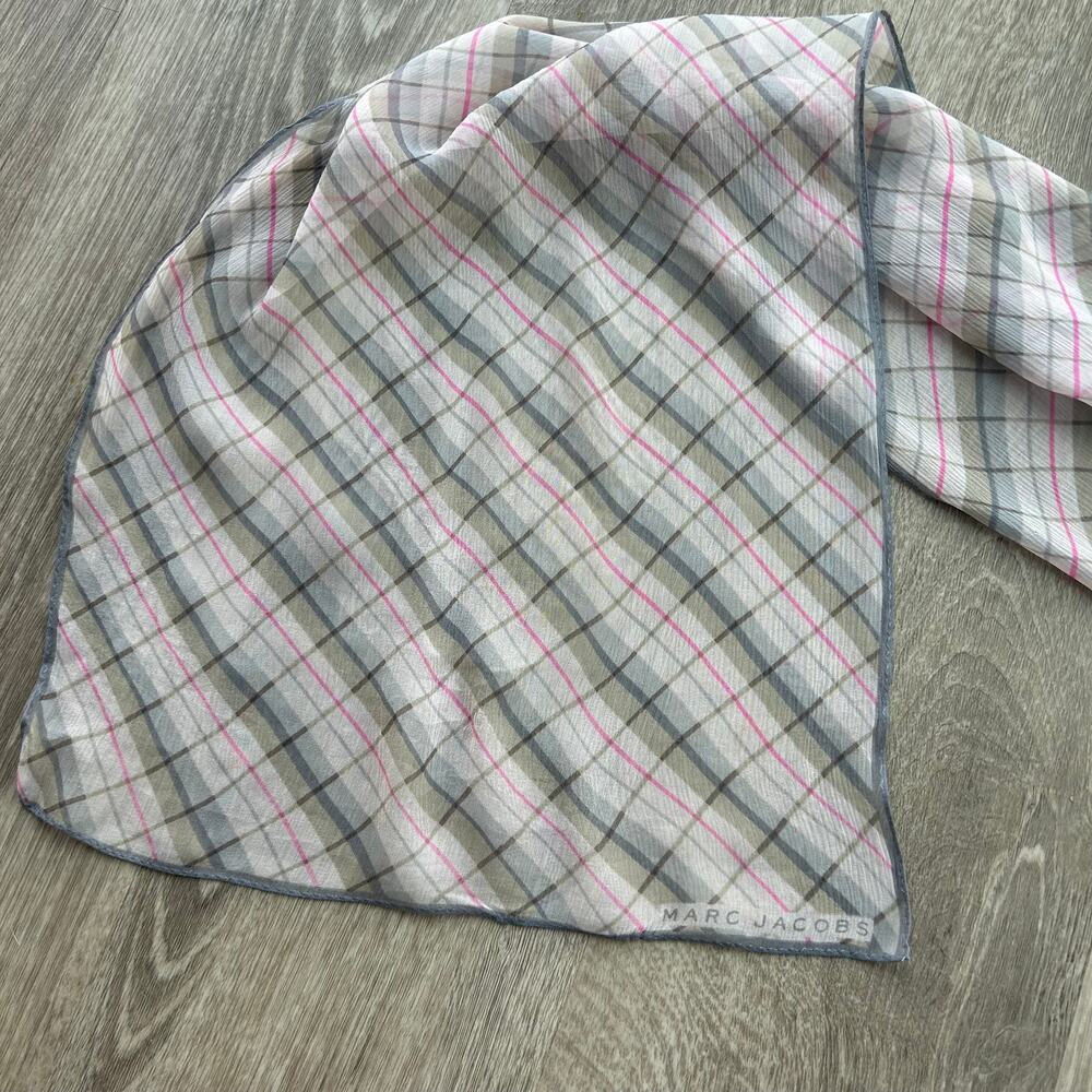 Marc Jacobs Silk Plaid Rectangular Scarf Lightweight Logo Detail - Picture 11 of 12